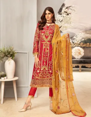 Stunning Latest Red Chiffon Dress With Burnt Orange # C2079