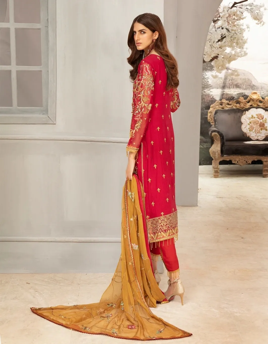 Stunning Latest Red Chiffon Dress With Burnt Orange # C2079
