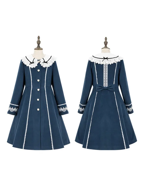 Sweet Lolita Coats Teal Coat Ruffles Bows Overcoat Polyester Fall Lolita Outwears