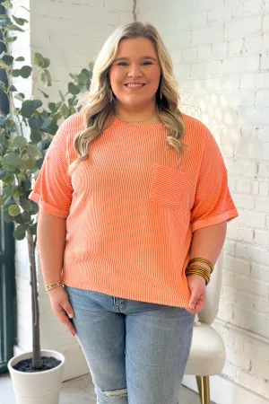 Tangerine Ribbed Short Sleeve Pocket Top