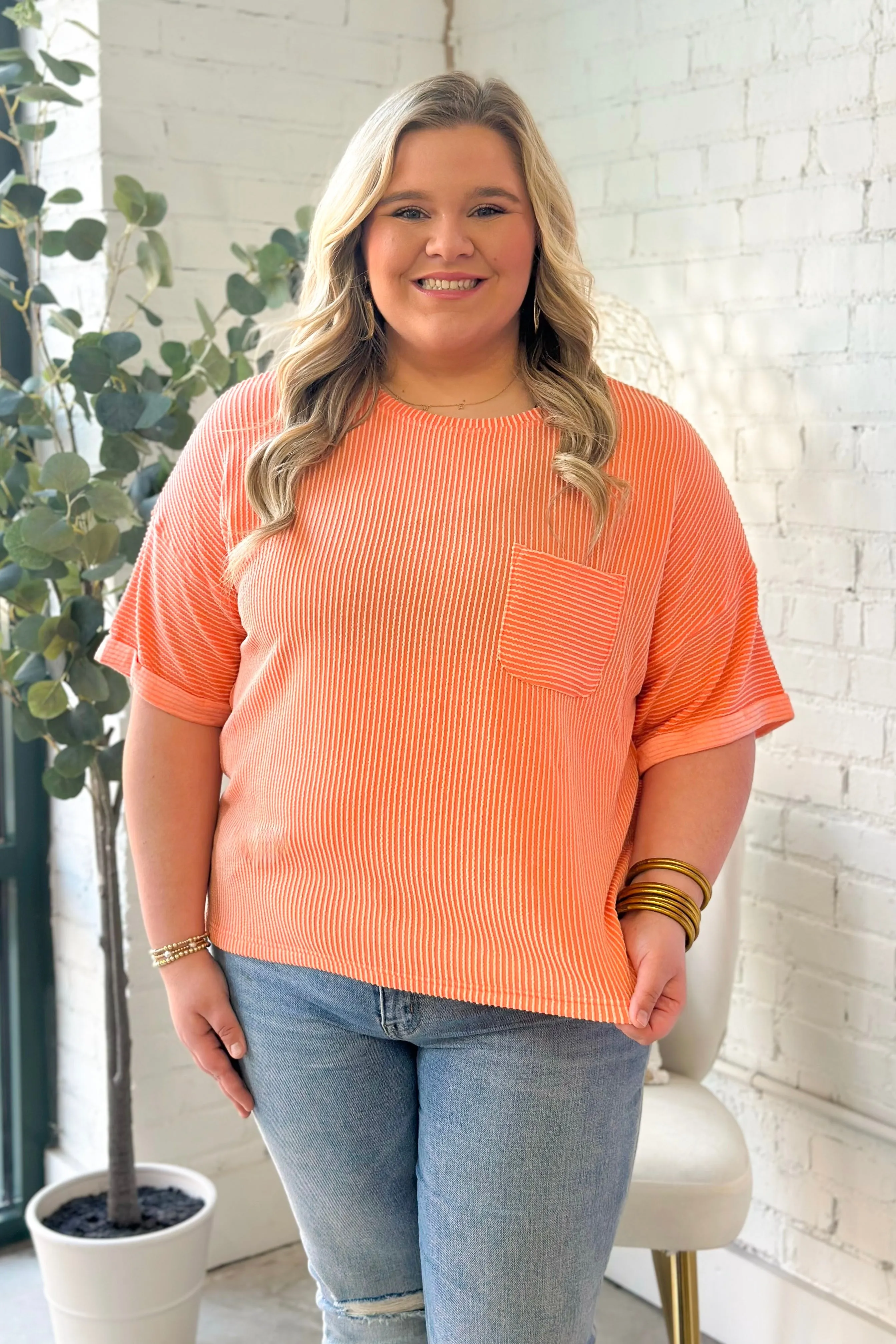 Tangerine Ribbed Short Sleeve Pocket Top