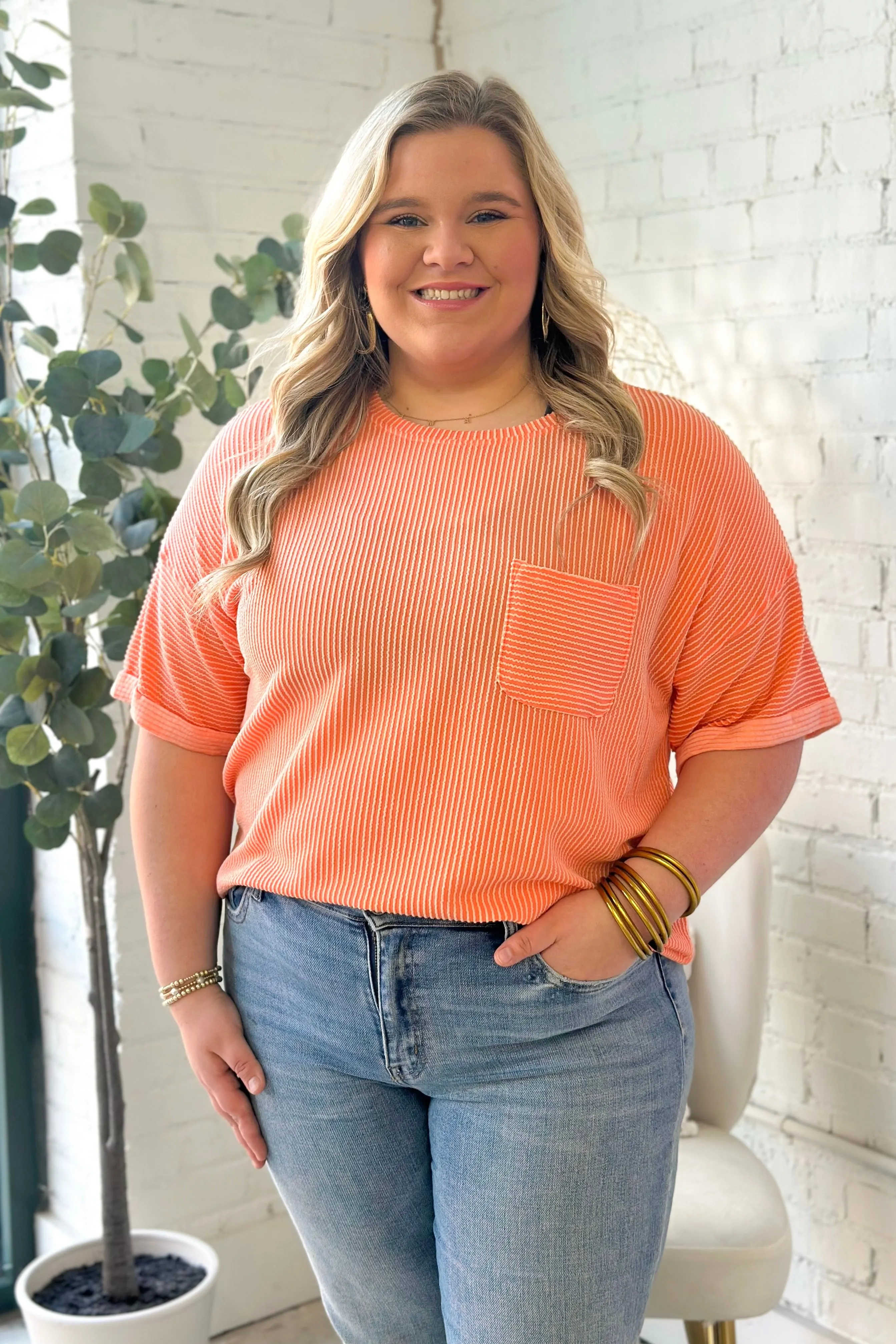 Tangerine Ribbed Short Sleeve Pocket Top