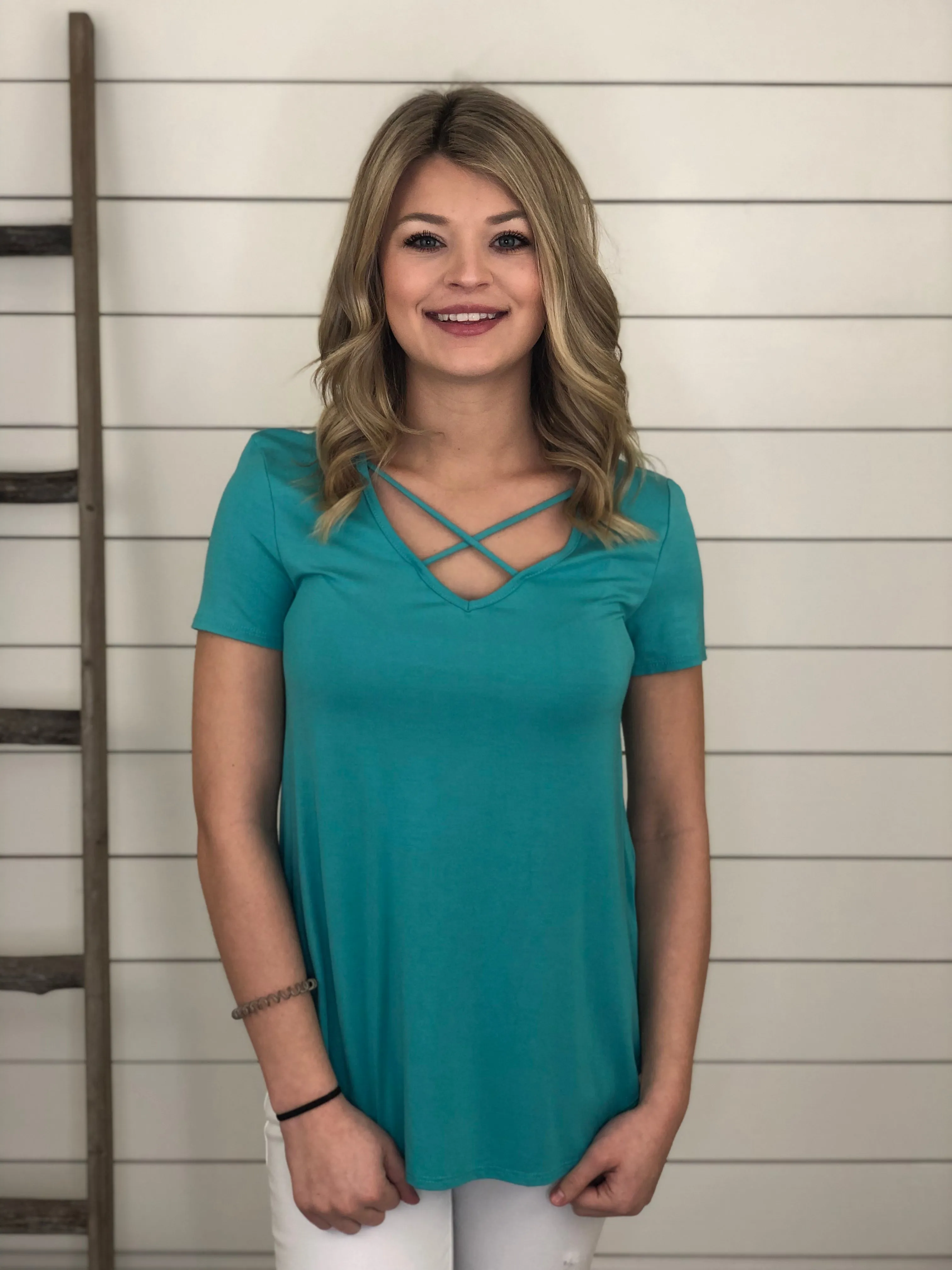 Teal Short Sleeve Crisscross Top