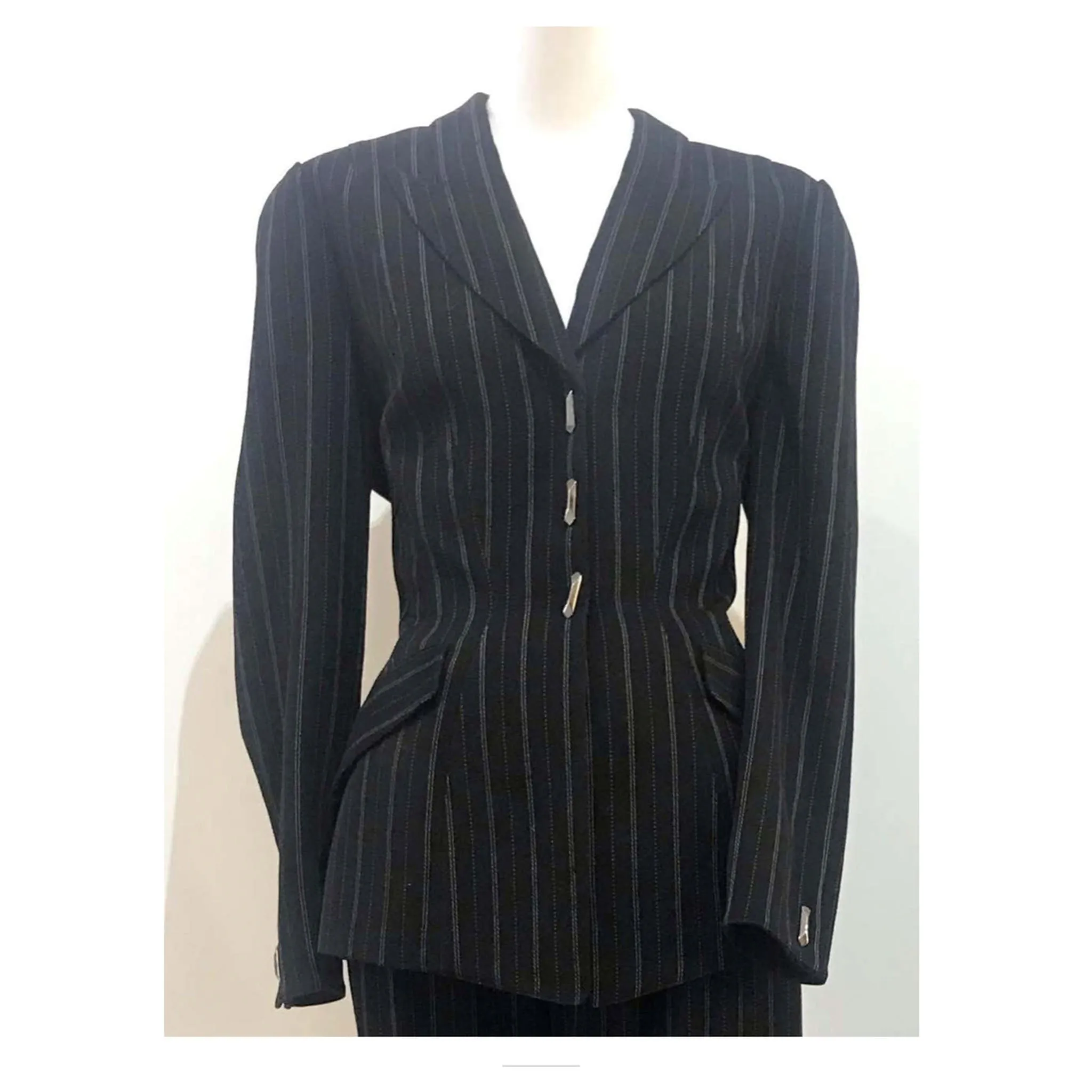 THIERRY MUGLER Black and White Stitched Pinstripe Pant Suit Size 40