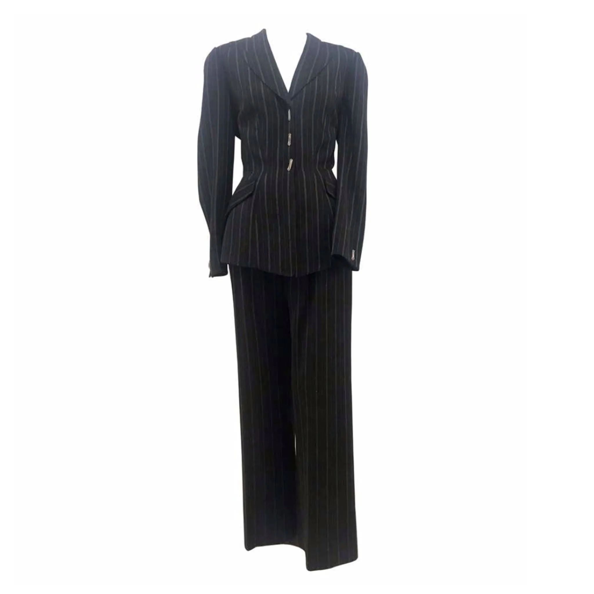 THIERRY MUGLER Black and White Stitched Pinstripe Pant Suit Size 40
