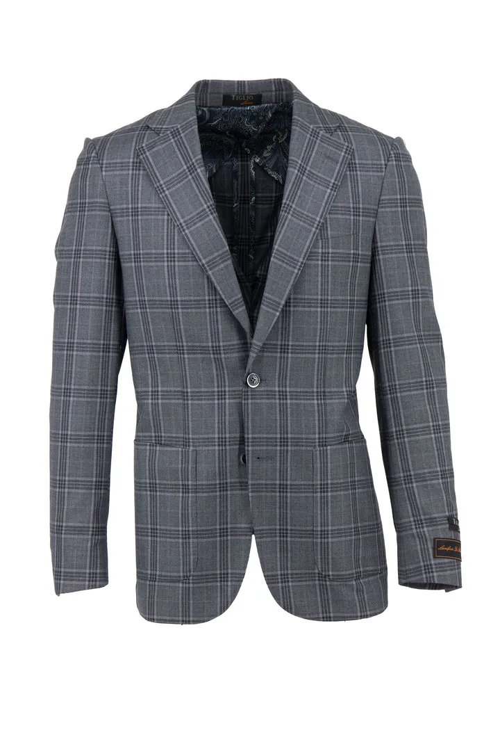 Tiglio Luxe Gray With Gray and Lavender Windowpane Veneto/THP Slim Fit half lined, Pure Wool Jacket TL3326