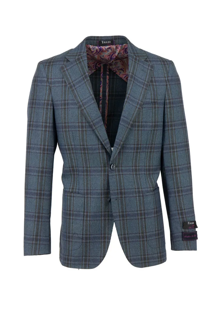 Tiglio Luxe Jean Blue With Purple Windowpane Veneto/THP Slim Fit half lined, Pure Wool Jacket TL3324