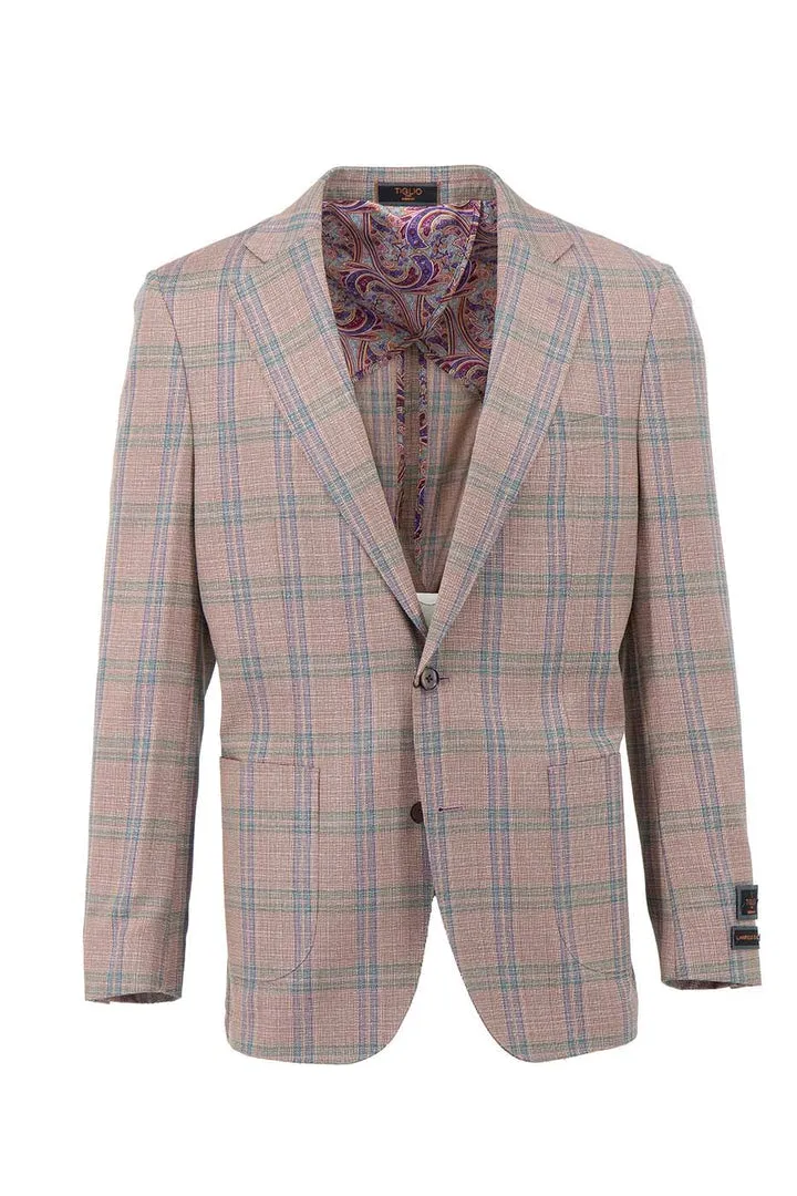 Tiglio Luxe Light Salmon with Blue Windowpane Dolcetto/THP Modern Fit half lined, Pure Wool Jacket TL4222