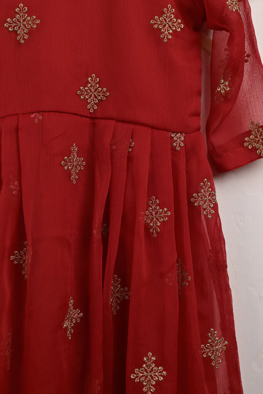 TKF-101-Red - Kids 3Pc Chiffon Embroidered Frock