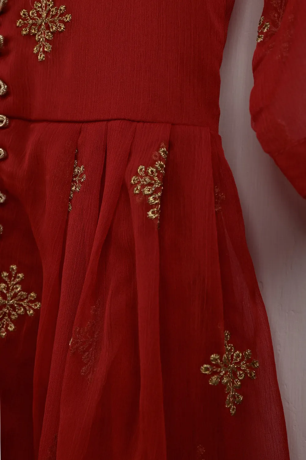 TKF-101-Red - Kids 3Pc Chiffon Embroidered Frock