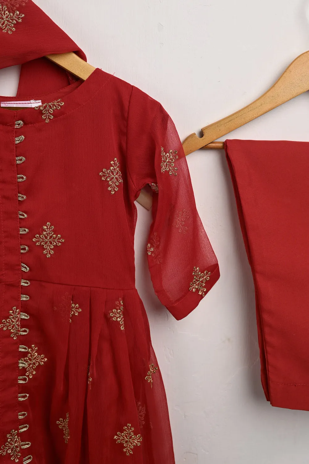 TKF-101-Red - Kids 3Pc Chiffon Embroidered Frock