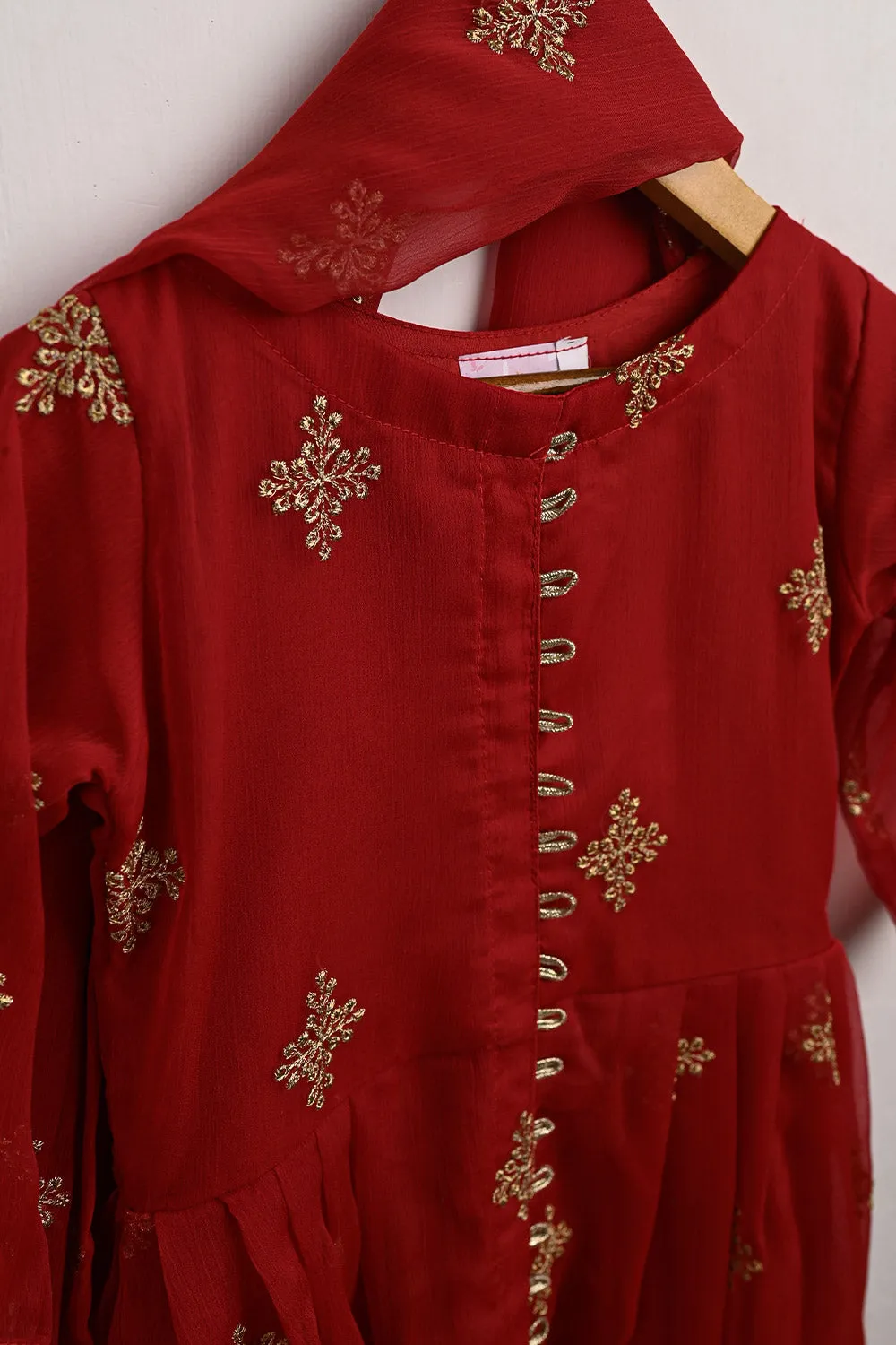 TKF-101-Red - Kids 3Pc Chiffon Embroidered Frock