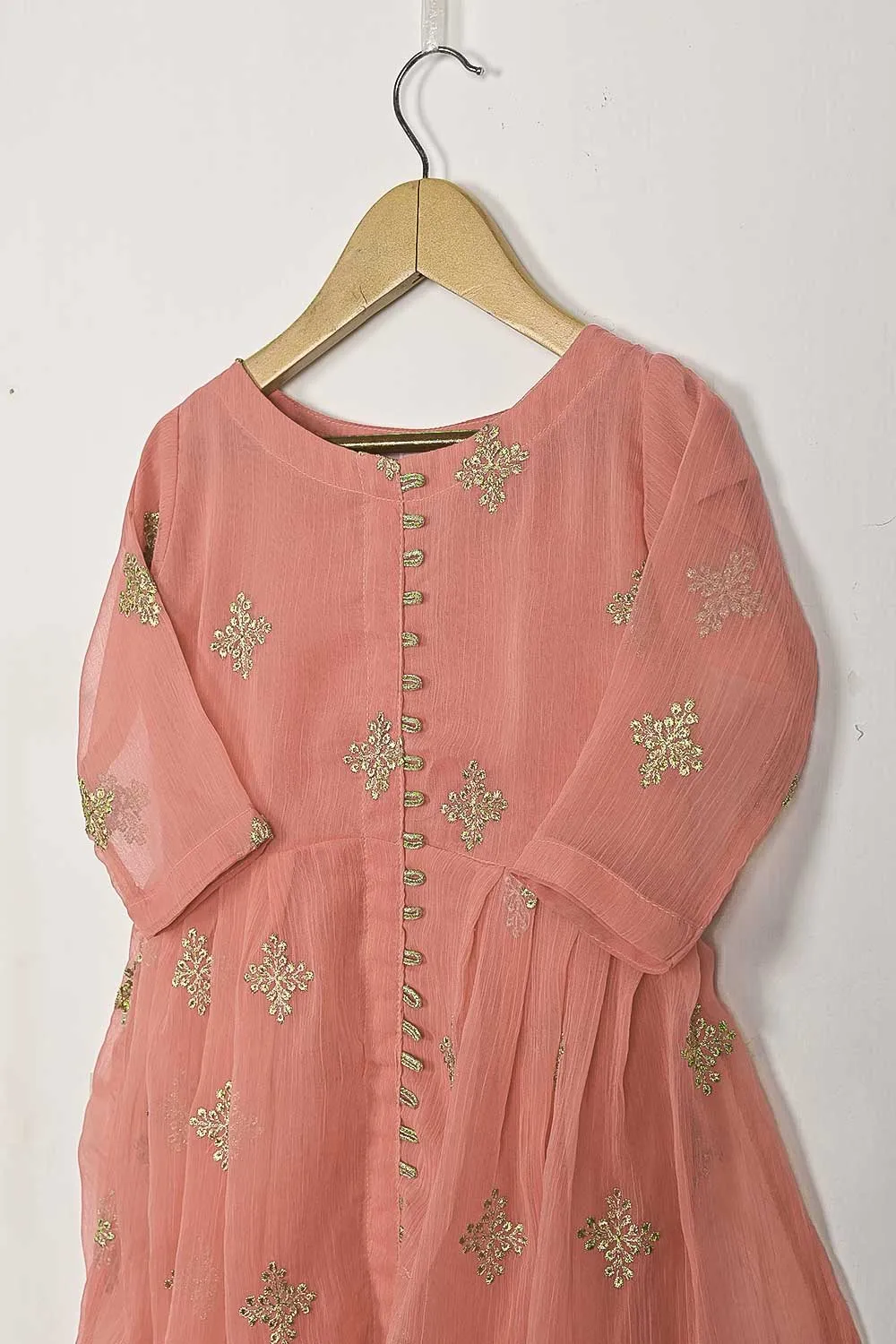 TKF-112-Peach - Kids 3Pc Chiffon Embroidered Frock