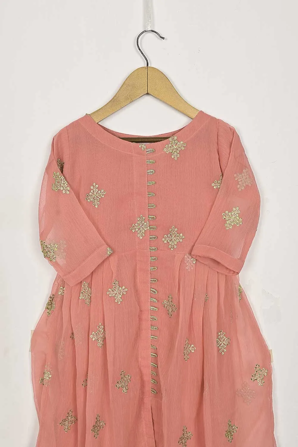 TKF-112-Peach - Kids 3Pc Chiffon Embroidered Frock