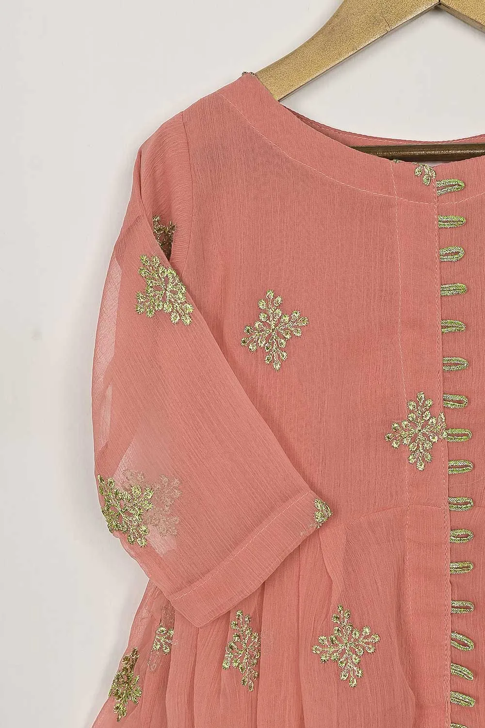 TKF-112-Peach - Kids 3Pc Chiffon Embroidered Frock