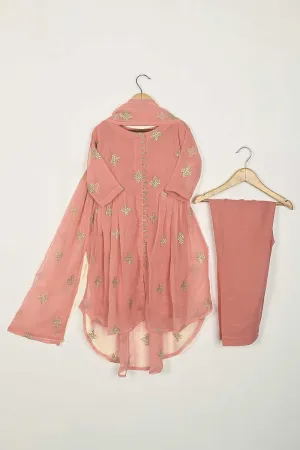 TKF-112-Peach - Kids 3Pc Chiffon Embroidered Frock