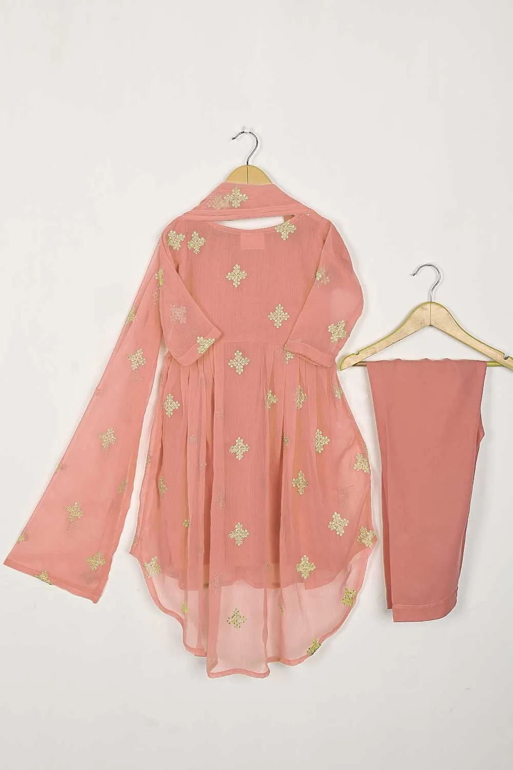 TKF-112-Peach - Kids 3Pc Chiffon Embroidered Frock