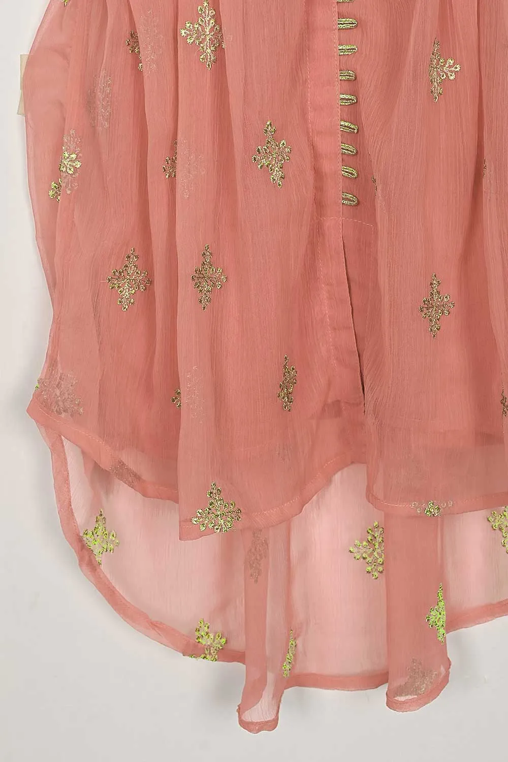TKF-112-Peach - Kids 3Pc Chiffon Embroidered Frock