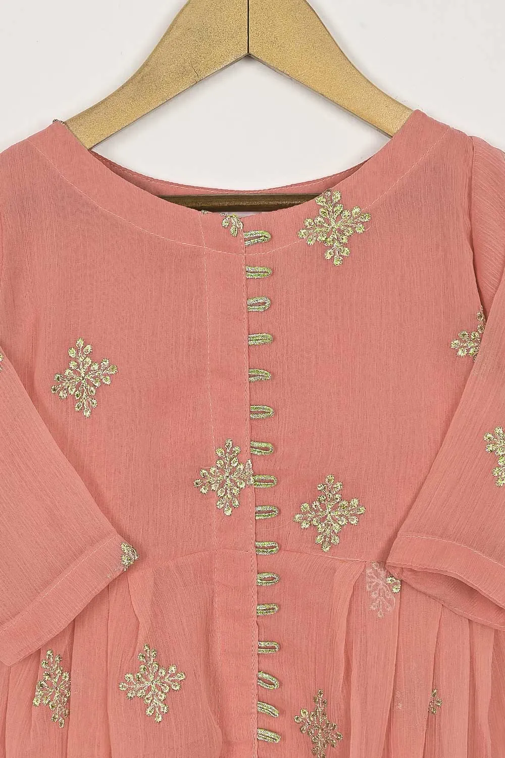 TKF-112-Peach - Kids 3Pc Chiffon Embroidered Frock
