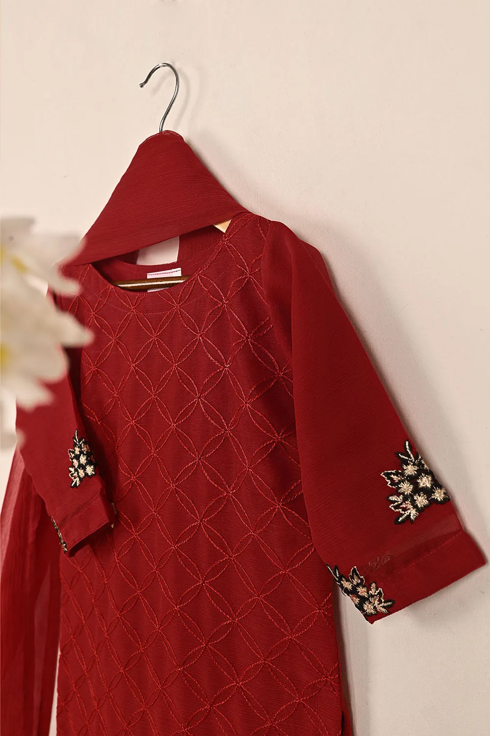 TKF-144-Red - Kids 3Pc Chiffon Embroidered Formal Dress