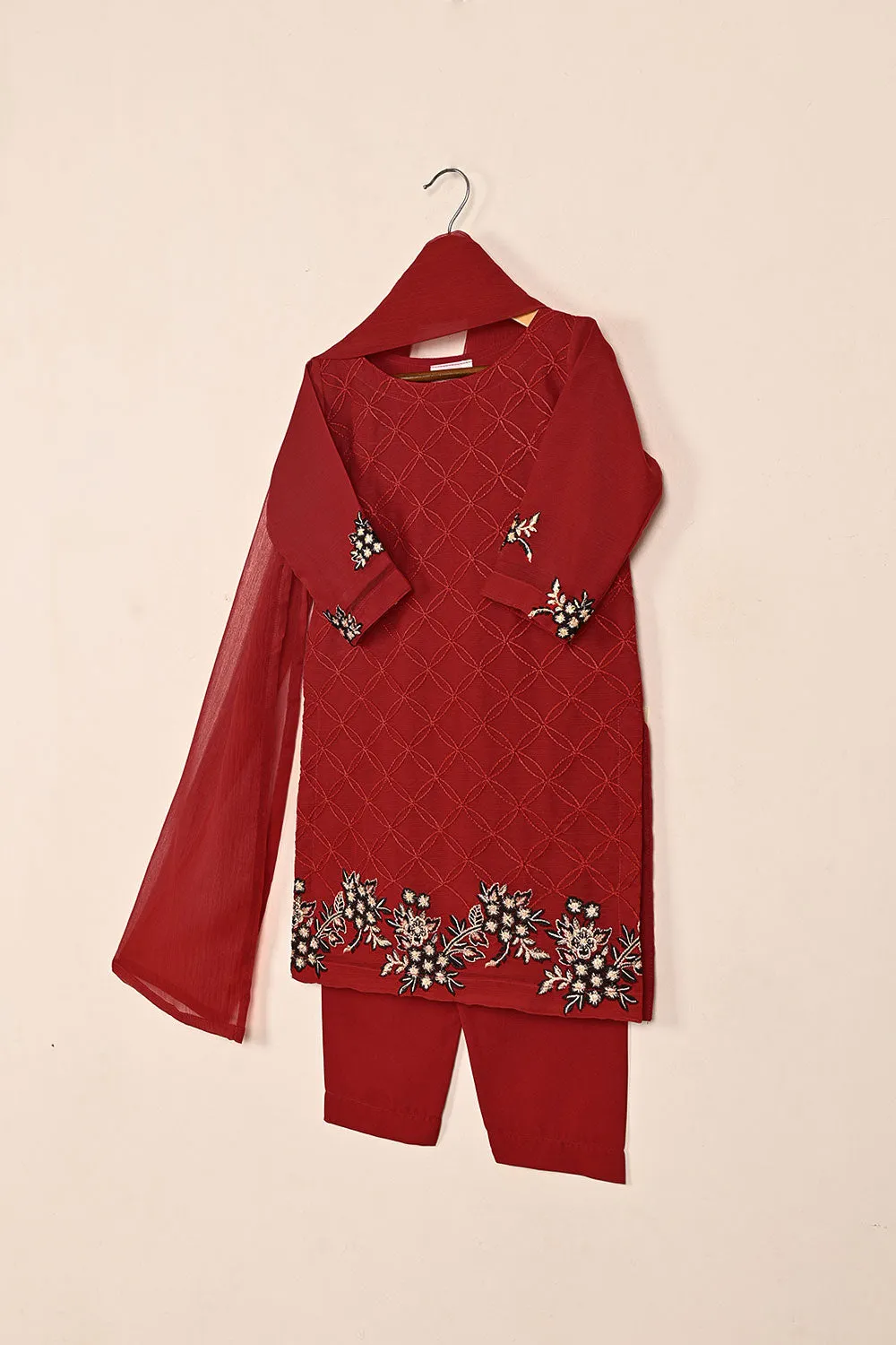 TKF-144-Red - Kids 3Pc Chiffon Embroidered Formal Dress