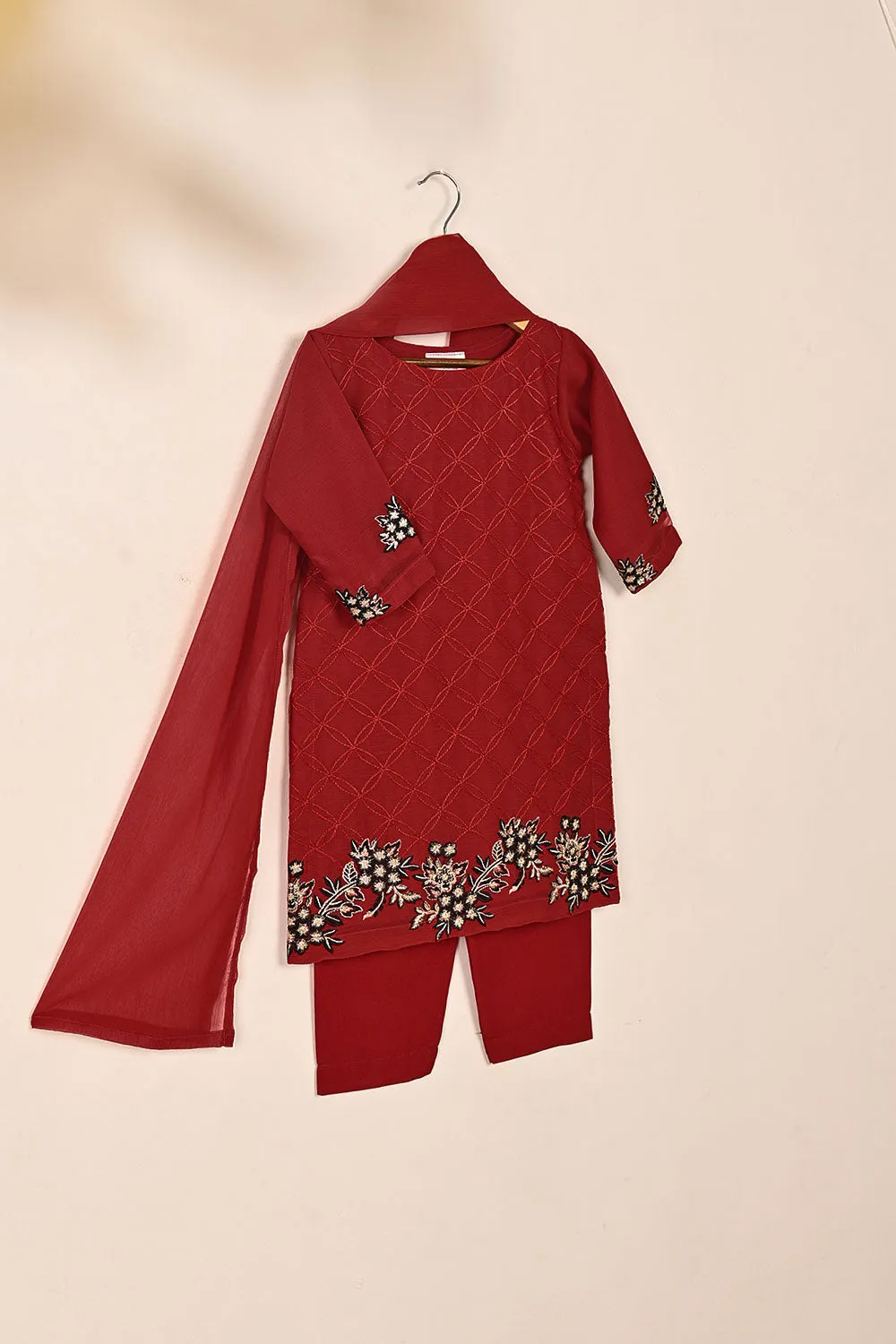 TKF-144-Red - Kids 3Pc Chiffon Embroidered Formal Dress