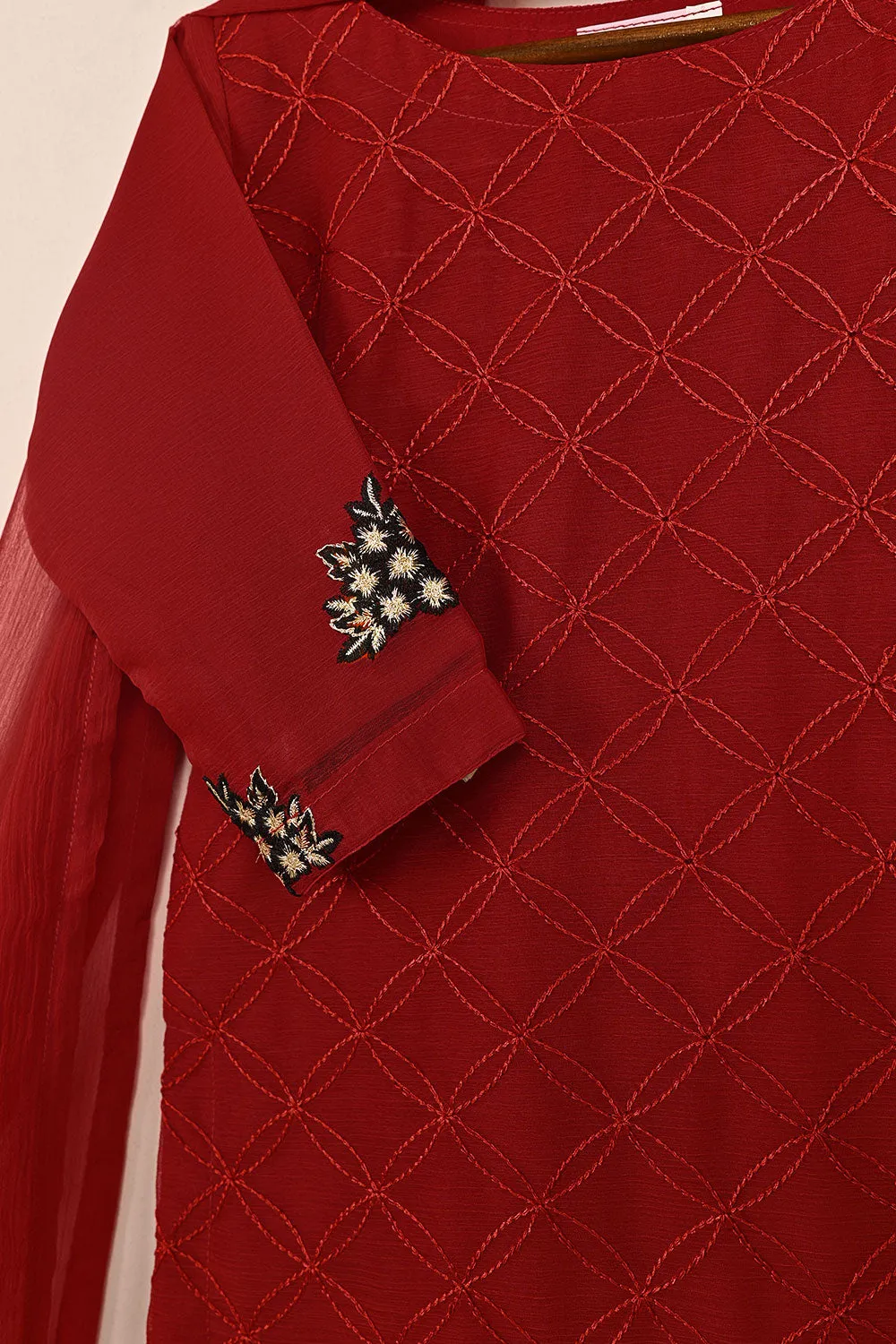 TKF-144-Red - Kids 3Pc Chiffon Embroidered Formal Dress