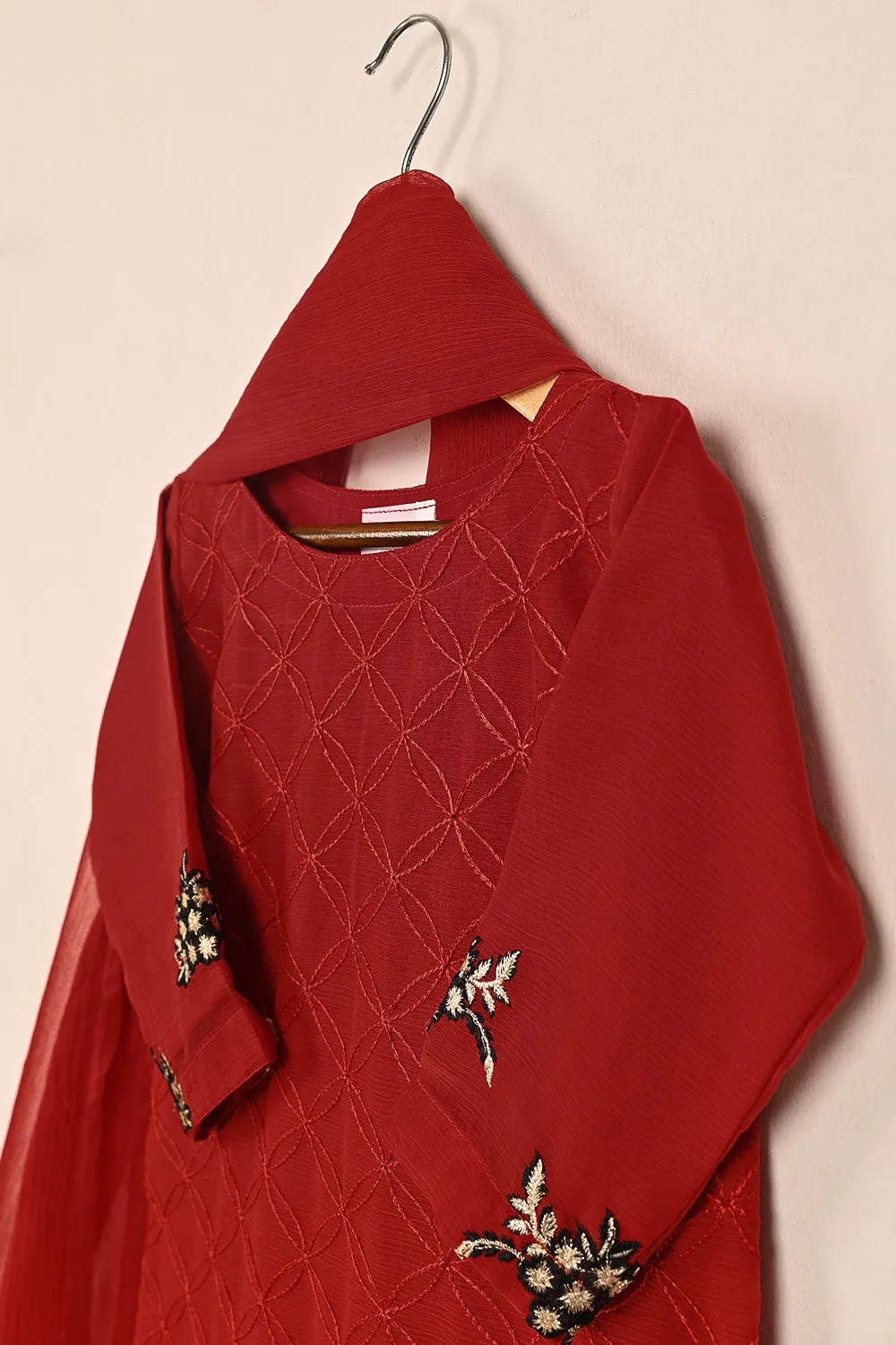TKF-144-Red - Kids 3Pc Chiffon Embroidered Formal Dress