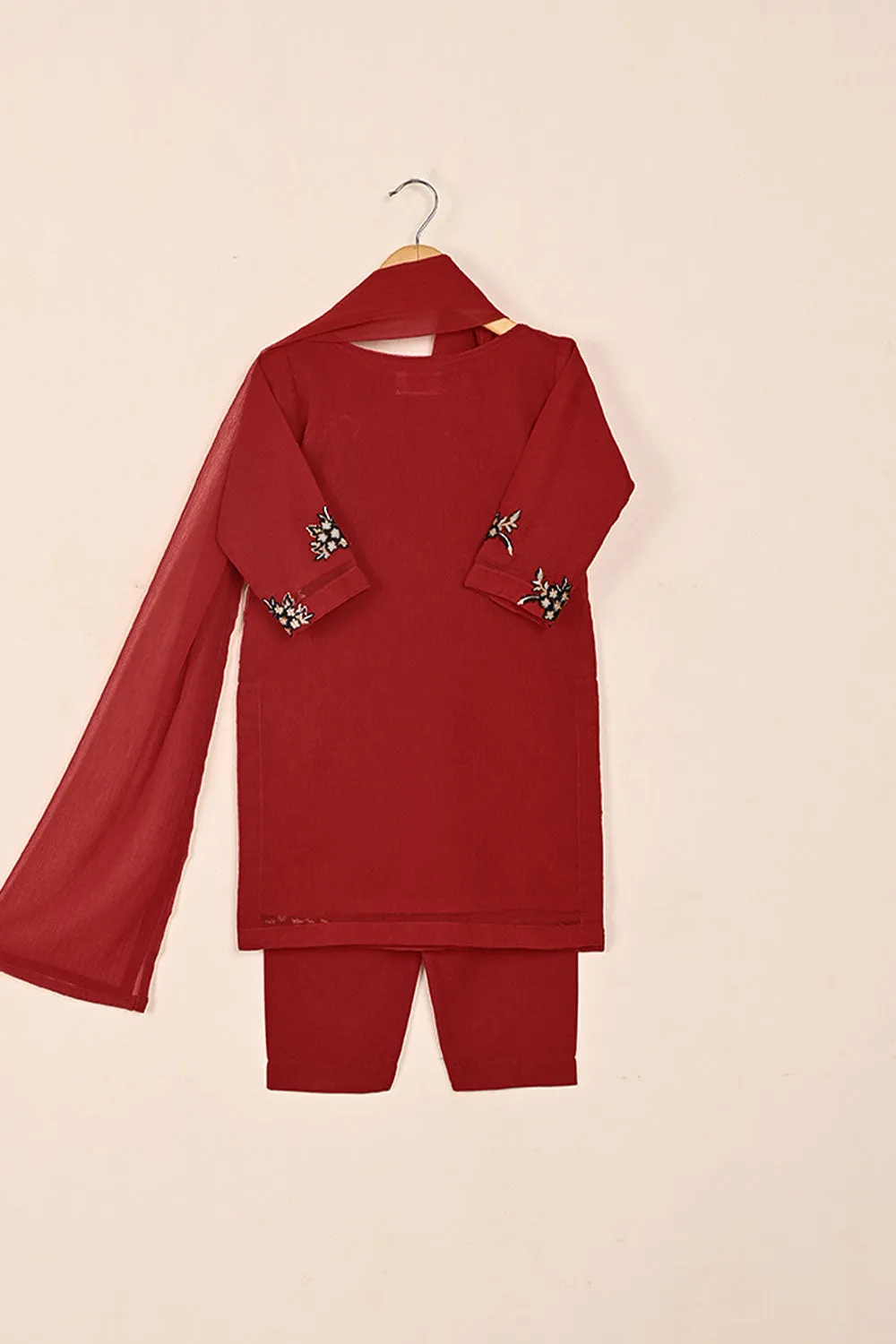 TKF-144-Red - Kids 3Pc Chiffon Embroidered Formal Dress