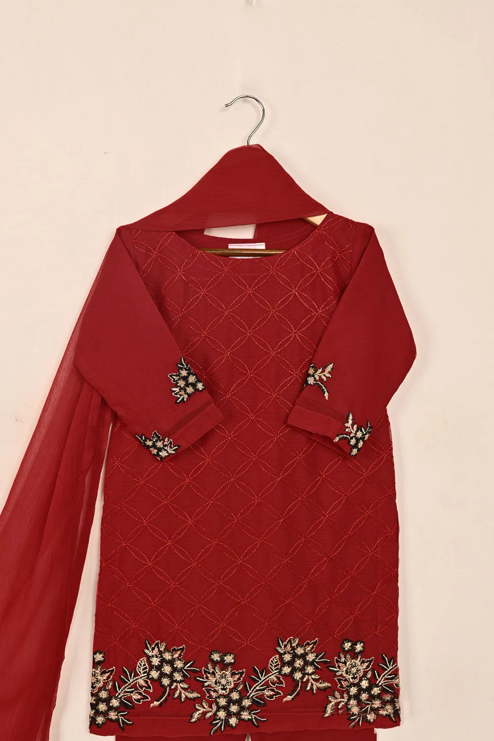 TKF-144-Red - Kids 3Pc Chiffon Embroidered Formal Dress