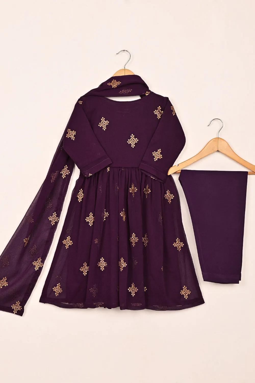 TKF-162-Purple - Kids 3Pc Chiffon Embroidered Frock