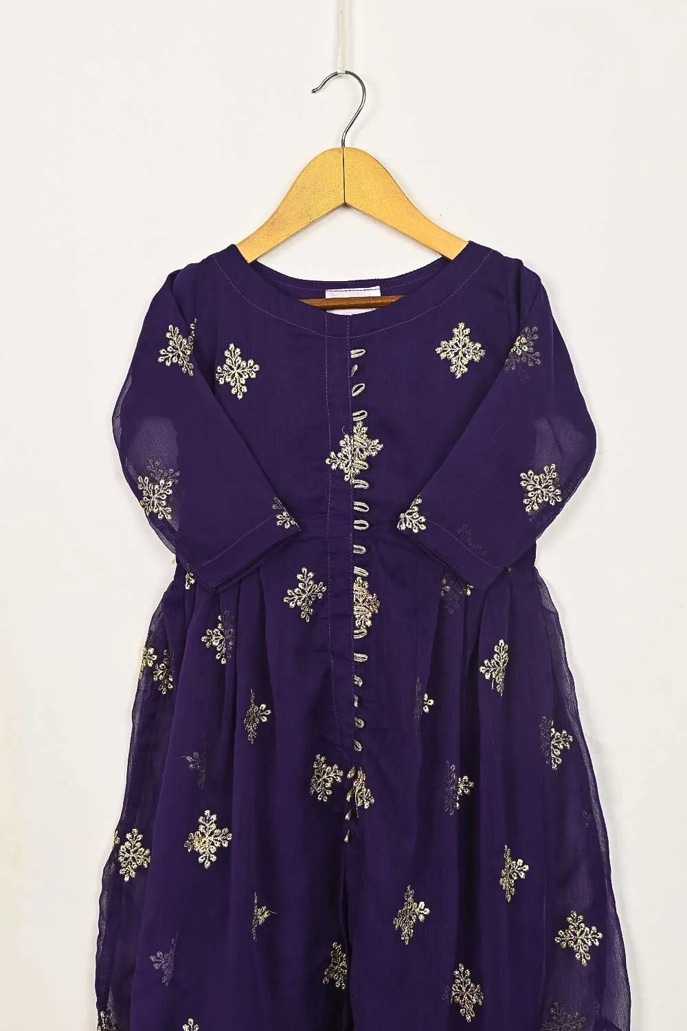 TKF-93-Purple - Kids 3Pc Chiffon Embroidered Frock
