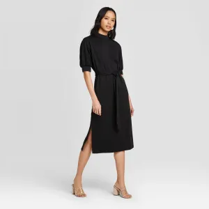Who What Wear Women's Short Sleeve High Neck Rib Trim A-Line Midi Dress WD-800-2