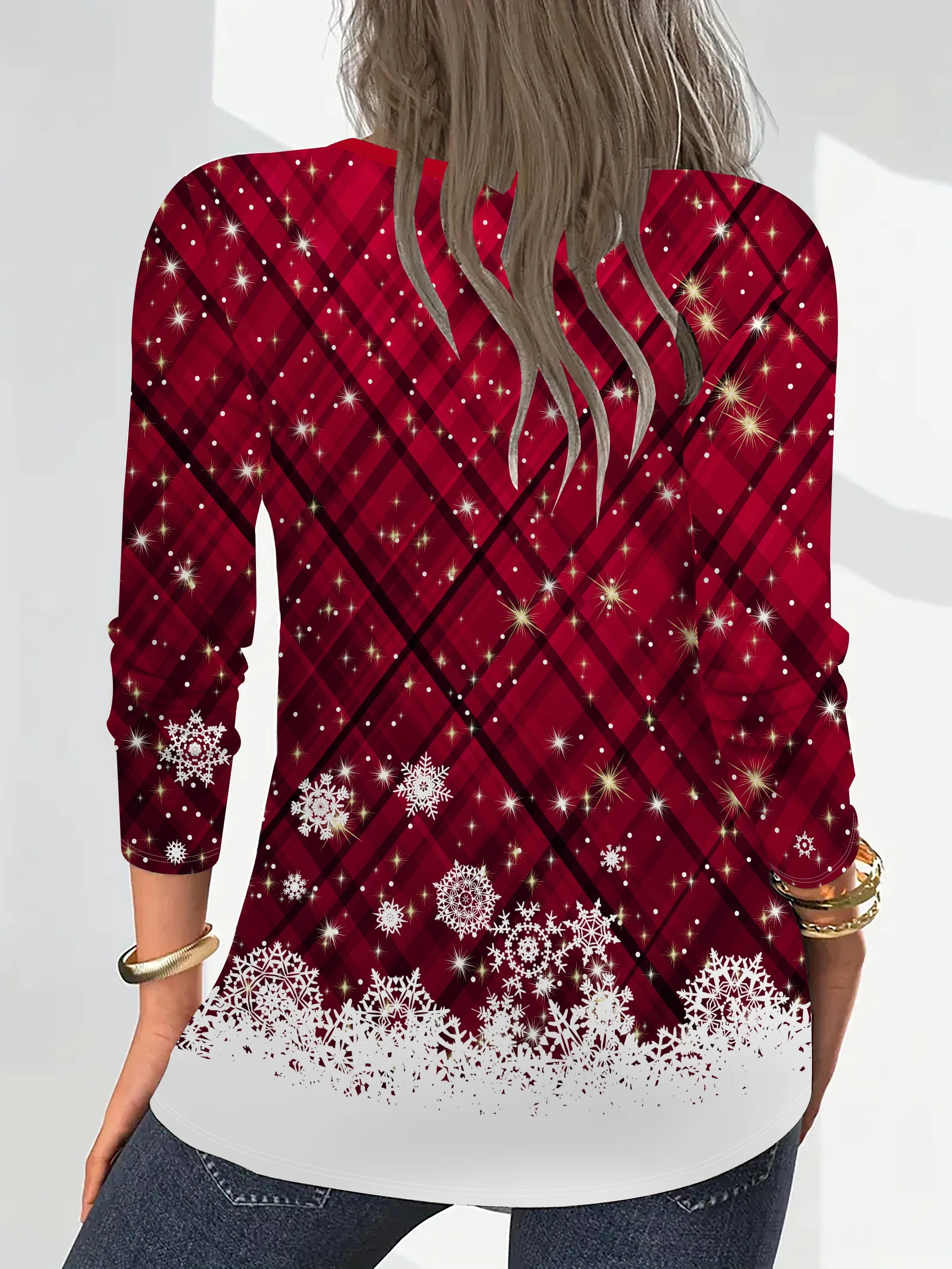 Women's Fashion Long Sleeve Elegant Christmas Print V-Neck T-Shirt - Polyester Blend Spandex Knit Fabric Holiday Pattern Tee