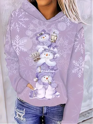 Women's Festive Christmas Snowman & Snowflake Hoodie - Casual Long Sleeve with Kangaroo Pocket, Polyester & Spandex Blend, Machine Washable