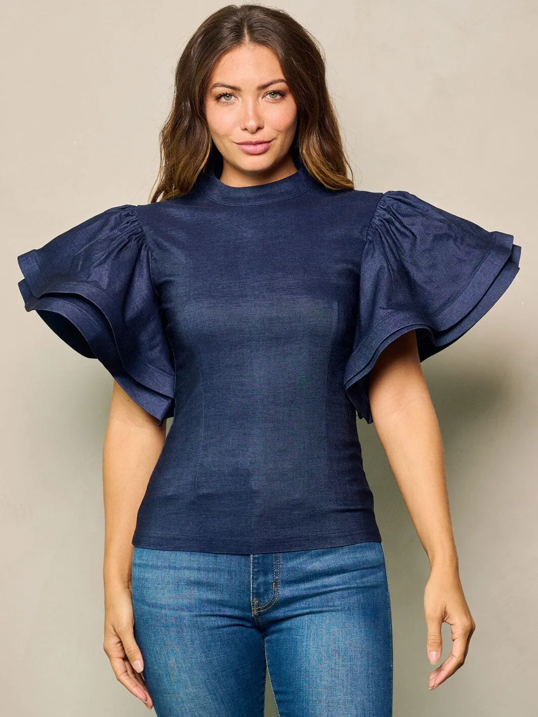 WOMEN'S RUFFLE PUFF SLEEVES DENIM TOP