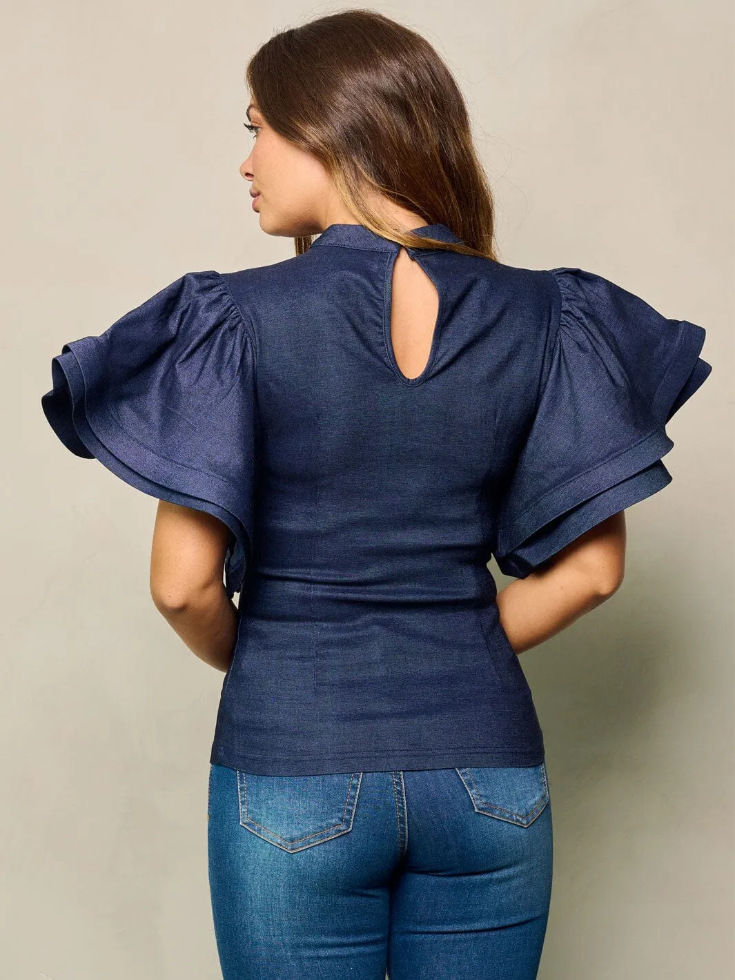 WOMEN'S RUFFLE PUFF SLEEVES DENIM TOP