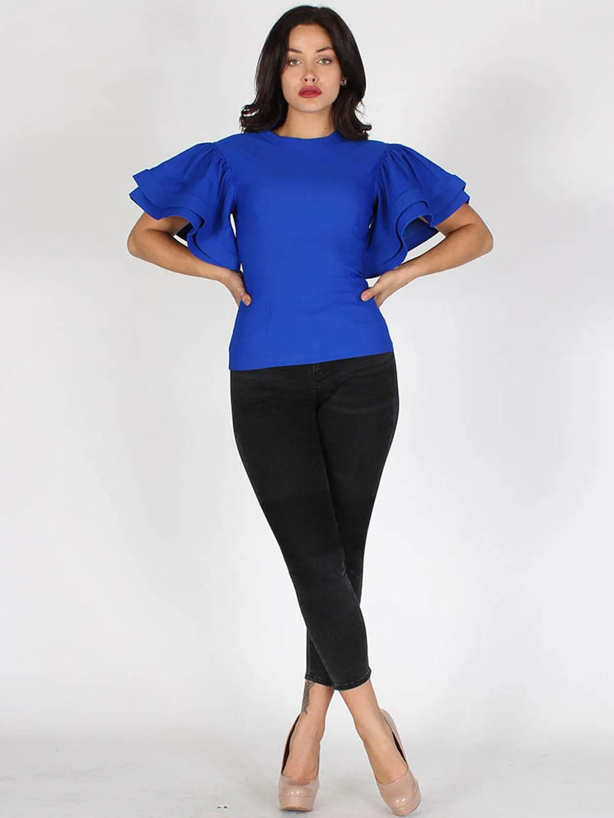 WOMEN'S RUFFLE PUFF SLEEVES SOLID TOP