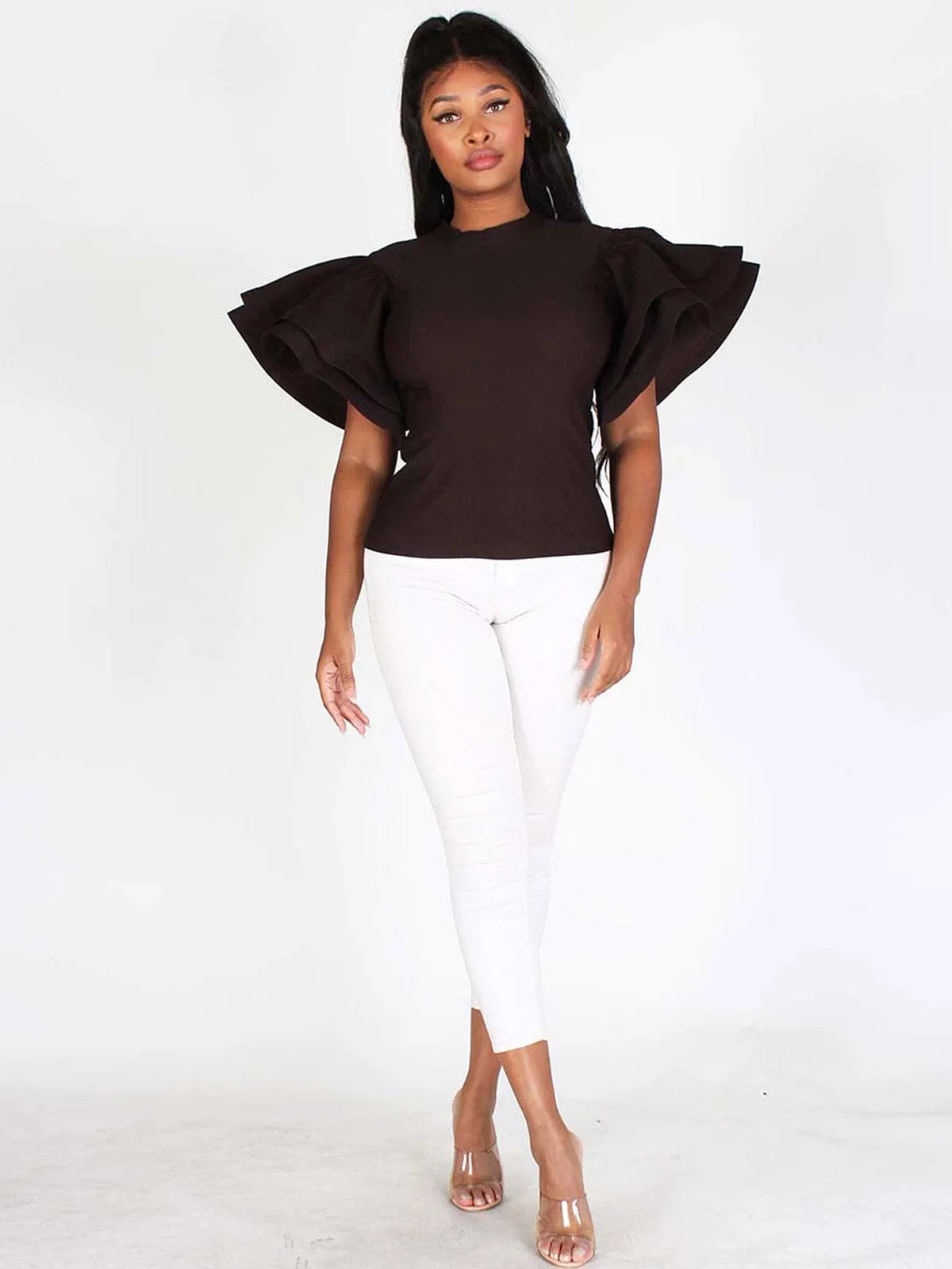 WOMEN'S RUFFLE PUFF SLEEVES SOLID TOP
