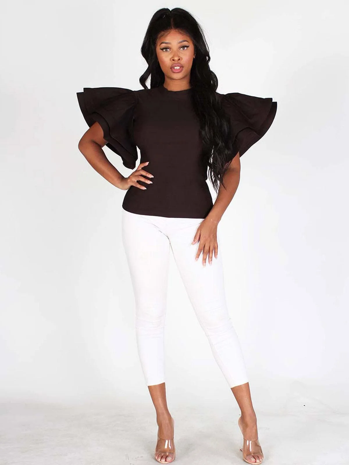 WOMEN'S RUFFLE PUFF SLEEVES SOLID TOP