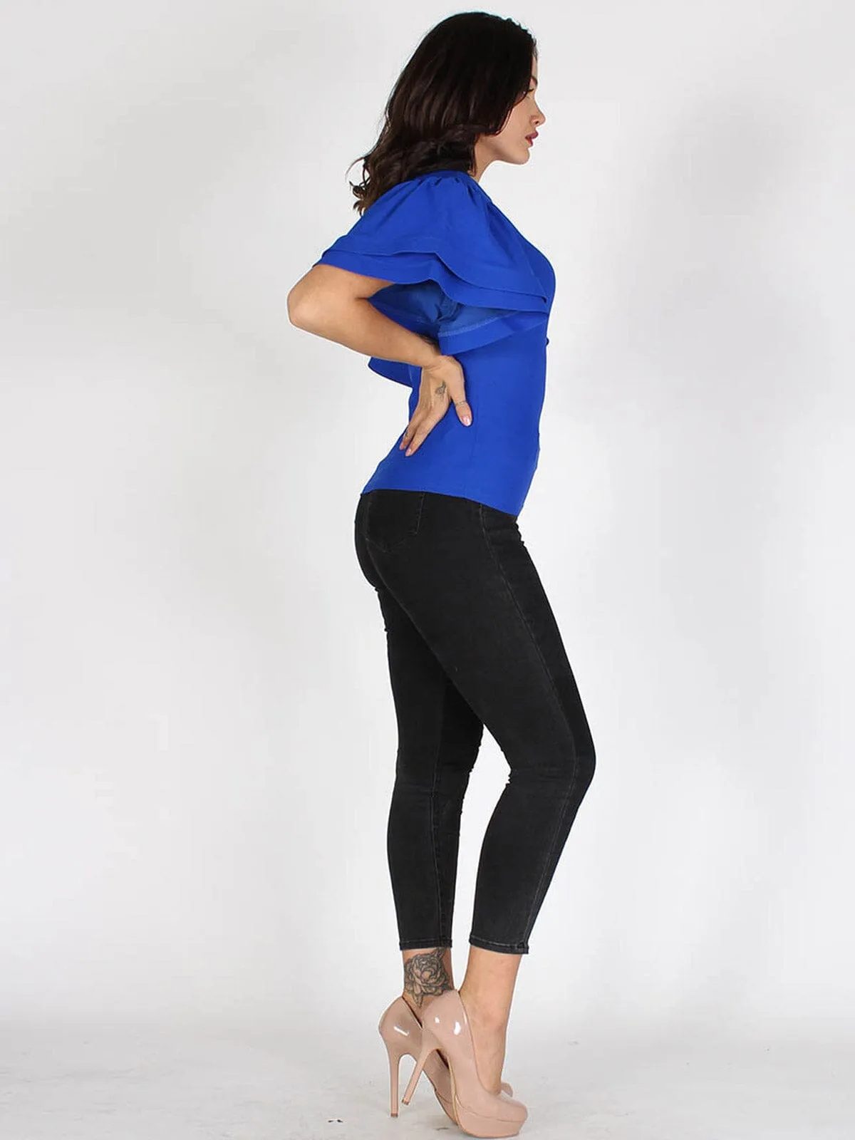 WOMEN'S RUFFLE PUFF SLEEVES SOLID TOP