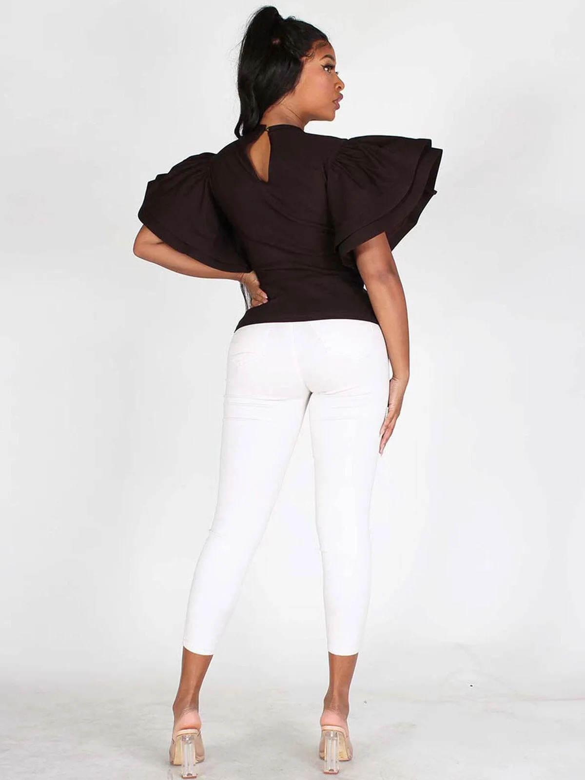 WOMEN'S RUFFLE PUFF SLEEVES SOLID TOP