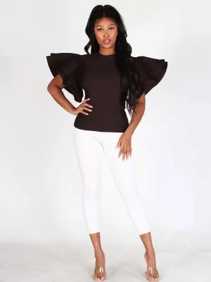 WOMEN'S RUFFLE PUFF SLEEVES SOLID TOP