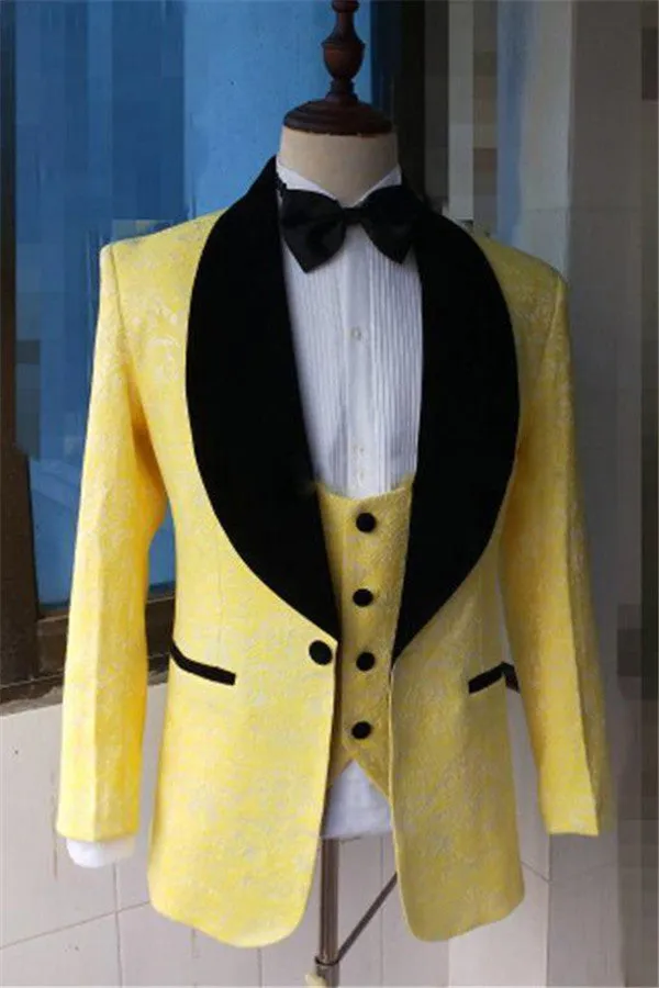 Yellow Slim Fit Lapel Shawl Prom Dress Suit Bespoke Jacquard Men Formal Party Blazer