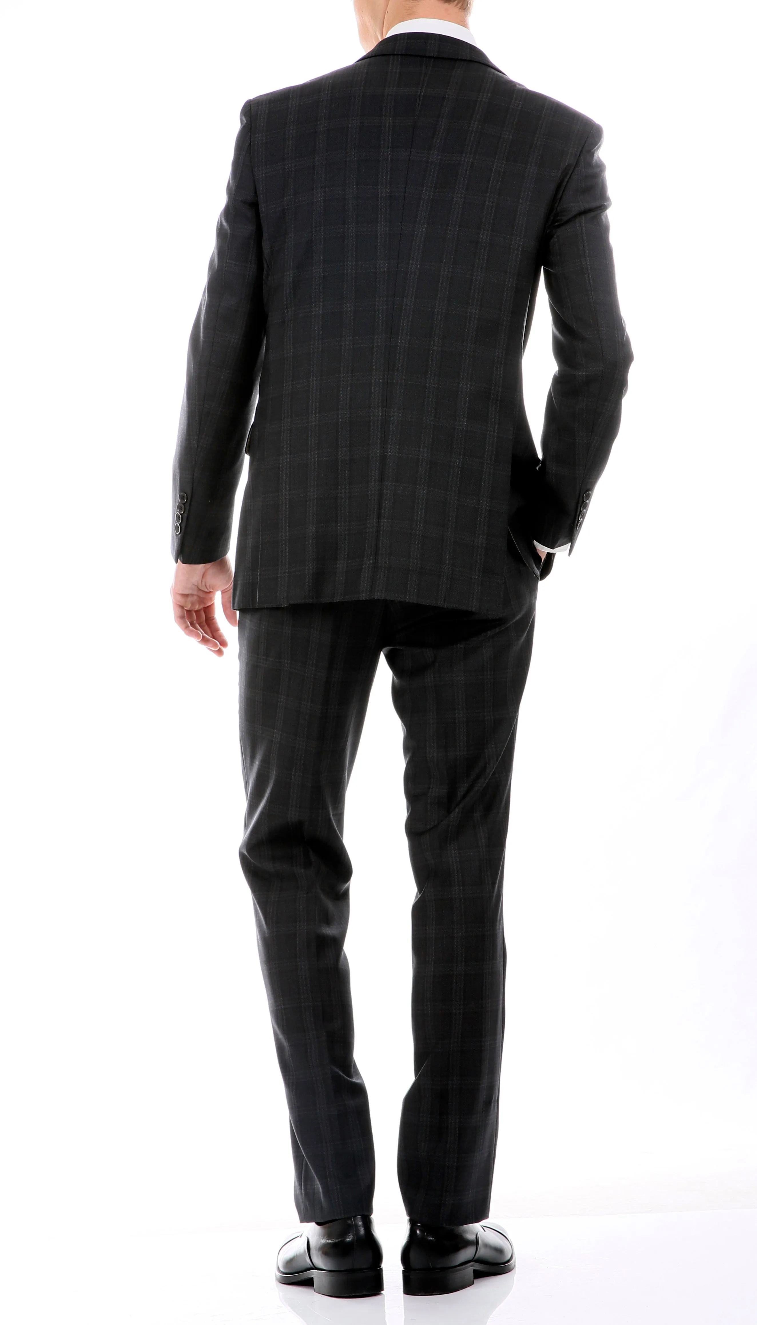 Yves Black Plaid Check Men's Premium 2pc Premium Wool Slim Fit Suit