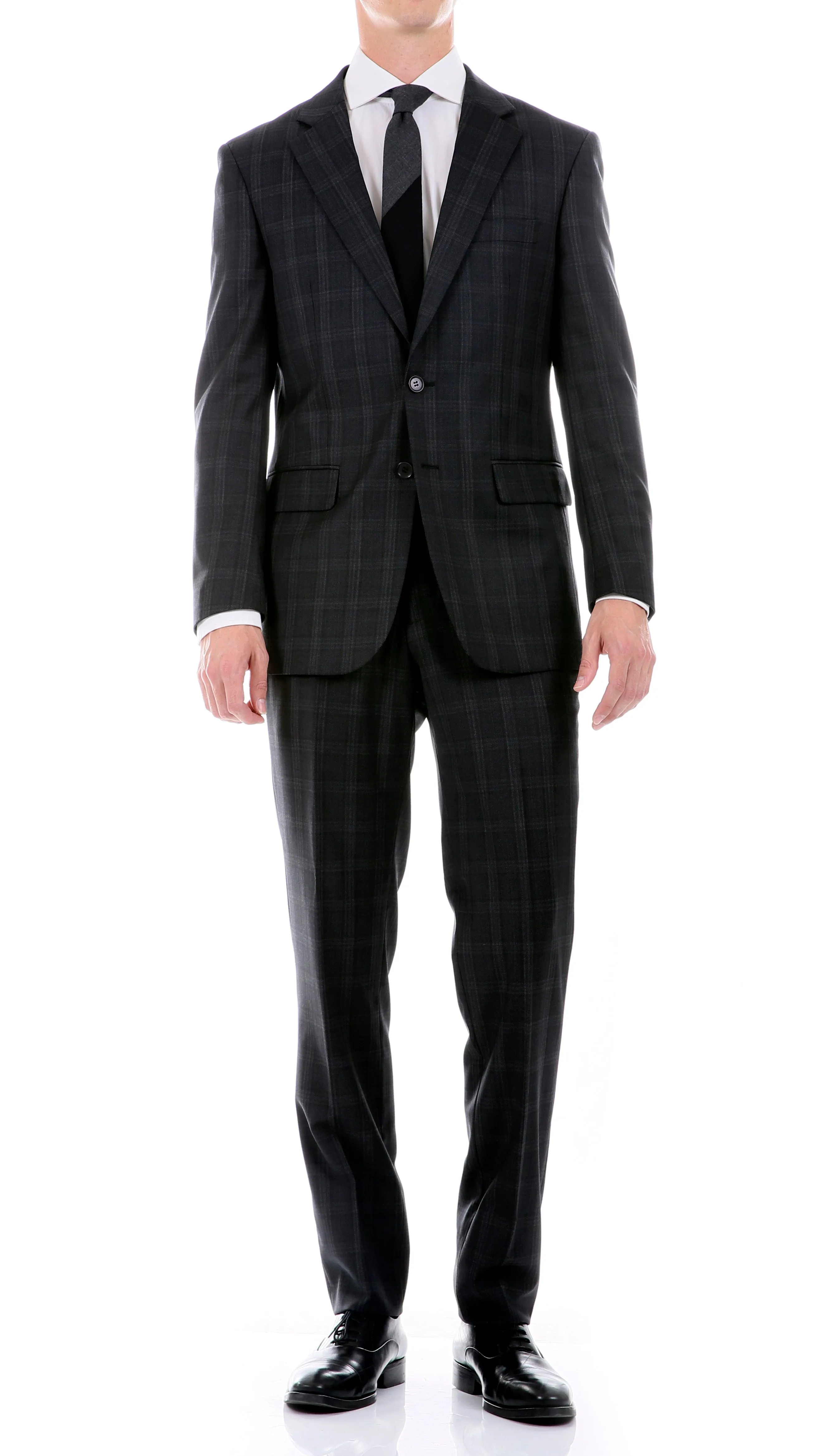 Yves Black Plaid Check Men's Premium 2pc Premium Wool Slim Fit Suit