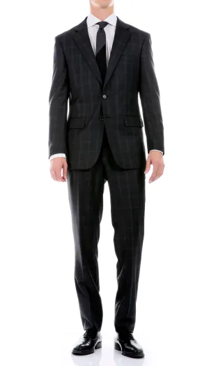 Yves Black Plaid Check Men's Premium 2pc Premium Wool Slim Fit Suit
