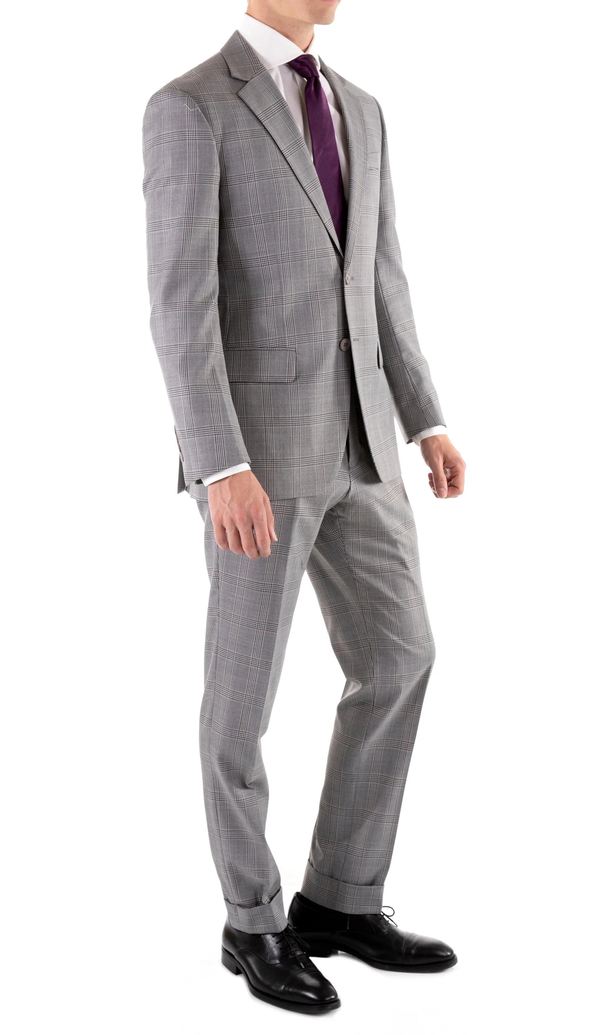 Yves Light Grey Plaid Check Men's Premium 2pc Premium Wool Slim Fit Suit