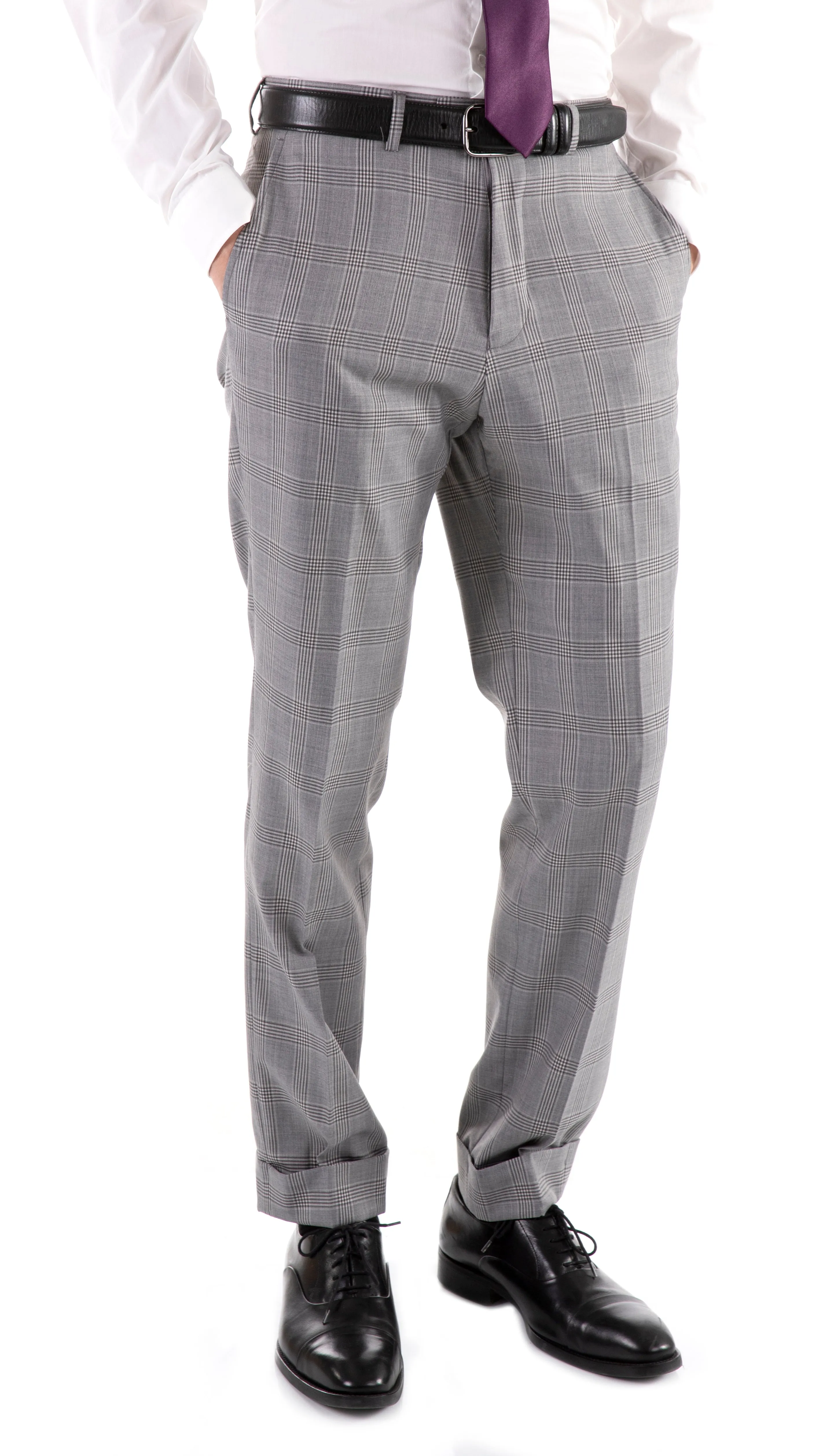 Yves Light Grey Plaid Check Men's Premium 2pc Premium Wool Slim Fit Suit